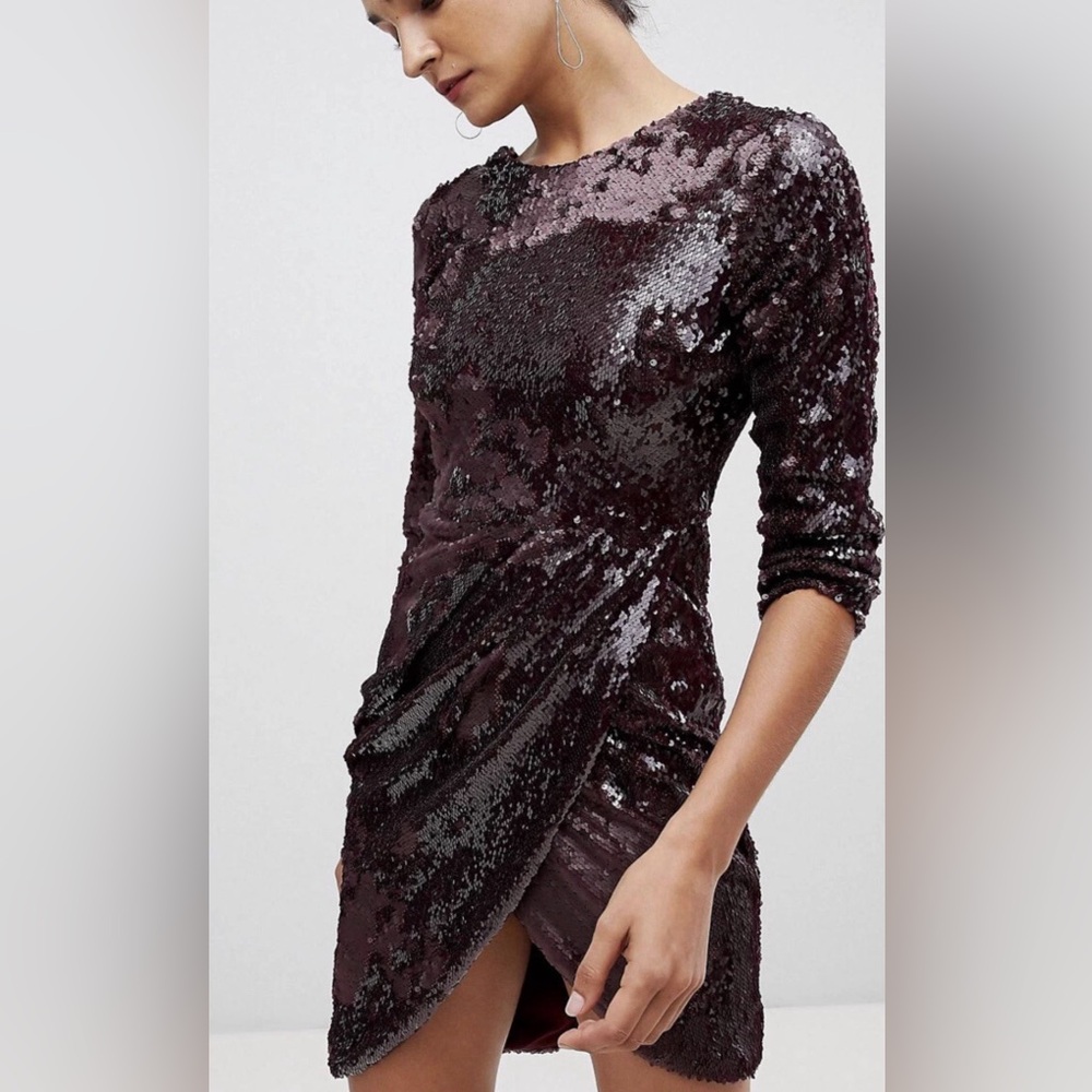 Little Mistress Dark Plum/Burgundy Sequin Long-Sleeve Wrap Dress NWT